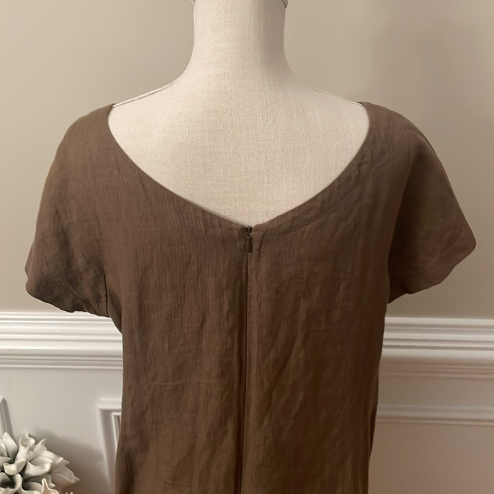 Eileen Fisher Brown Linen Ballet Neck Front Pocket Shift Dress Size Medium - Picture 7 of 10